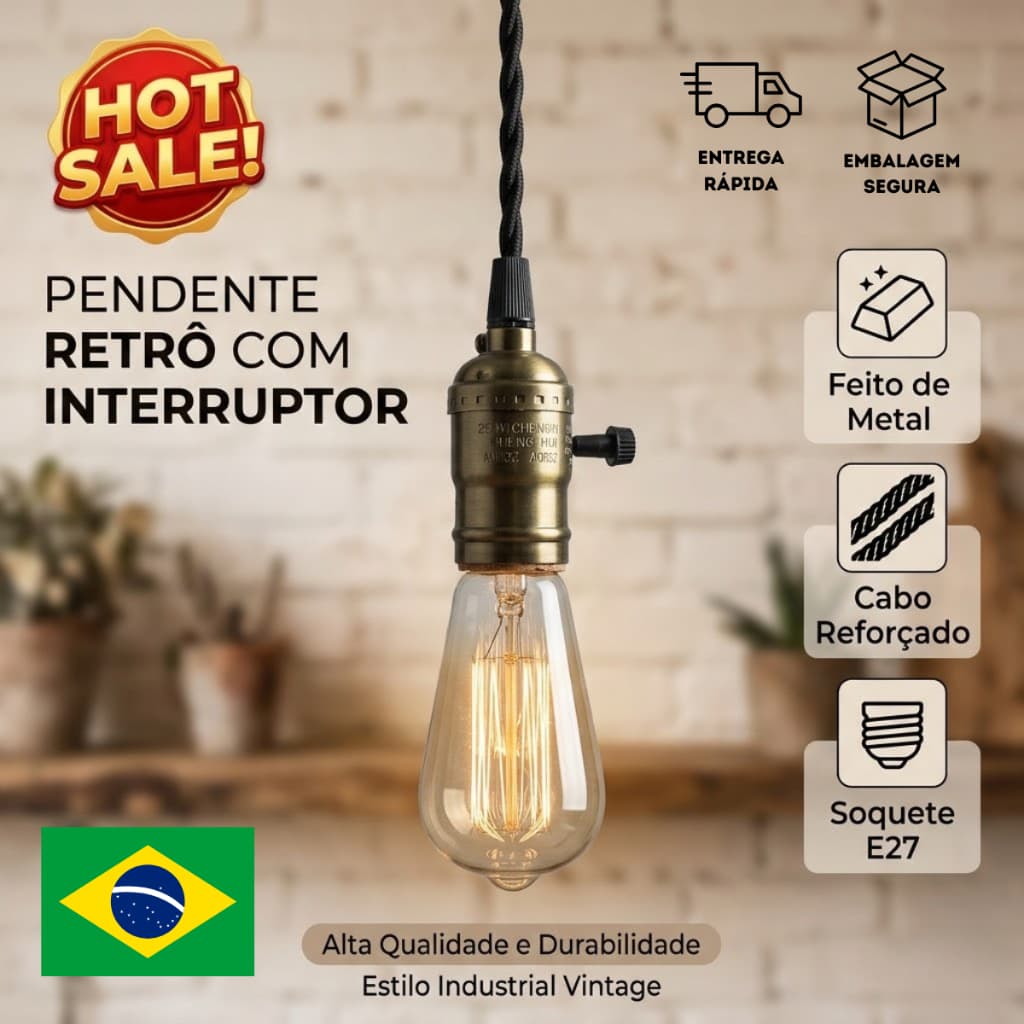 Pendente de Teto Metal Lâmpada E27 Verde Antigo Cobre com Interruptor Led Retrô Industrial Bivolt