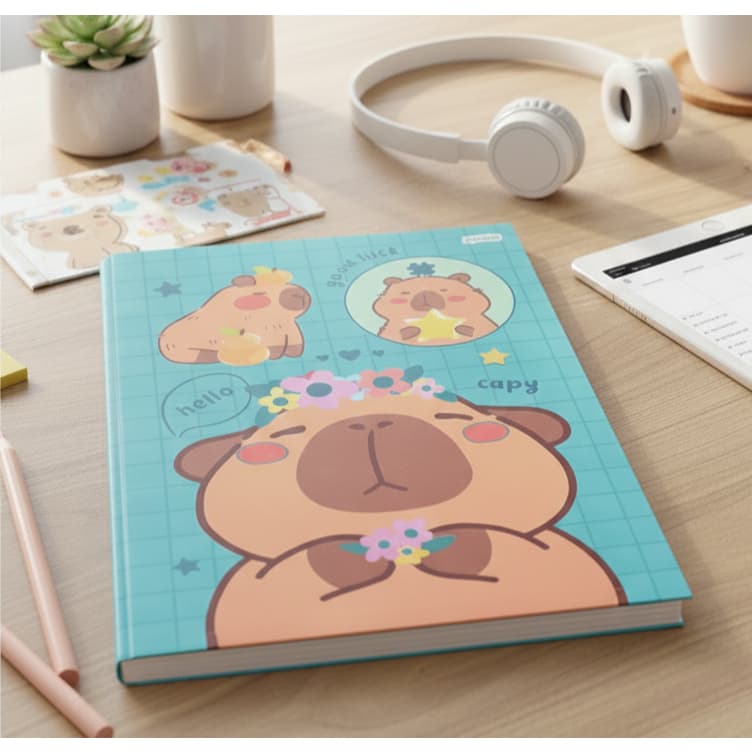 Caderno infantil Brochura Grande Capivara 80 Folhas capa dura 20x27,5cm Escolar fofinho