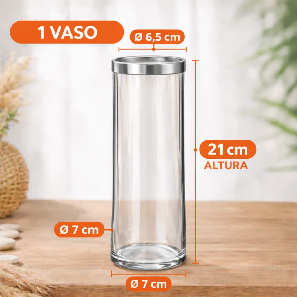Vaso 21cm Decorativo de Vidro Artesanal com Borda de Alumínio – Feito à Mão