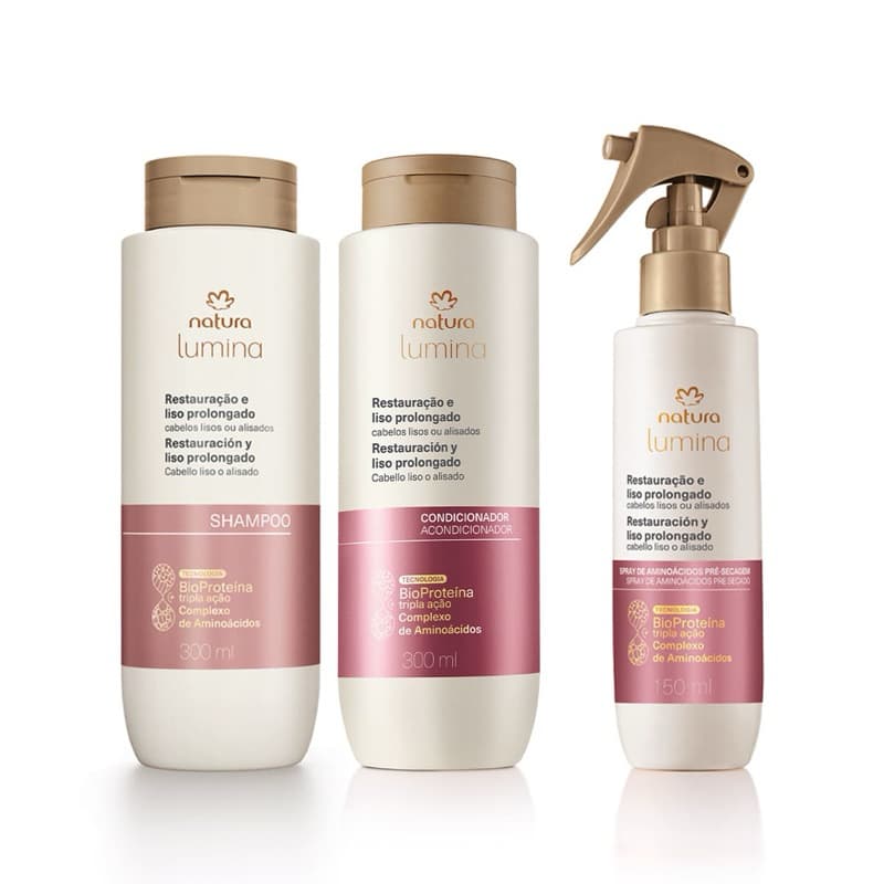 Kit Natura Lumina Liso Prolongado Shampoo + Condicionador + Spray Pré Secagem Original