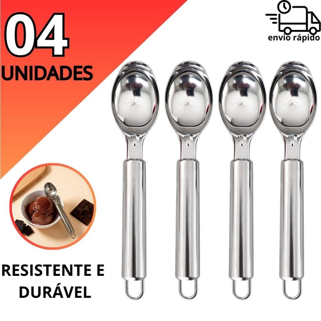 Kit Econômico 4 Colheres de Sorvete em Aço Inox Ideal para Eventos e Uso Profissional