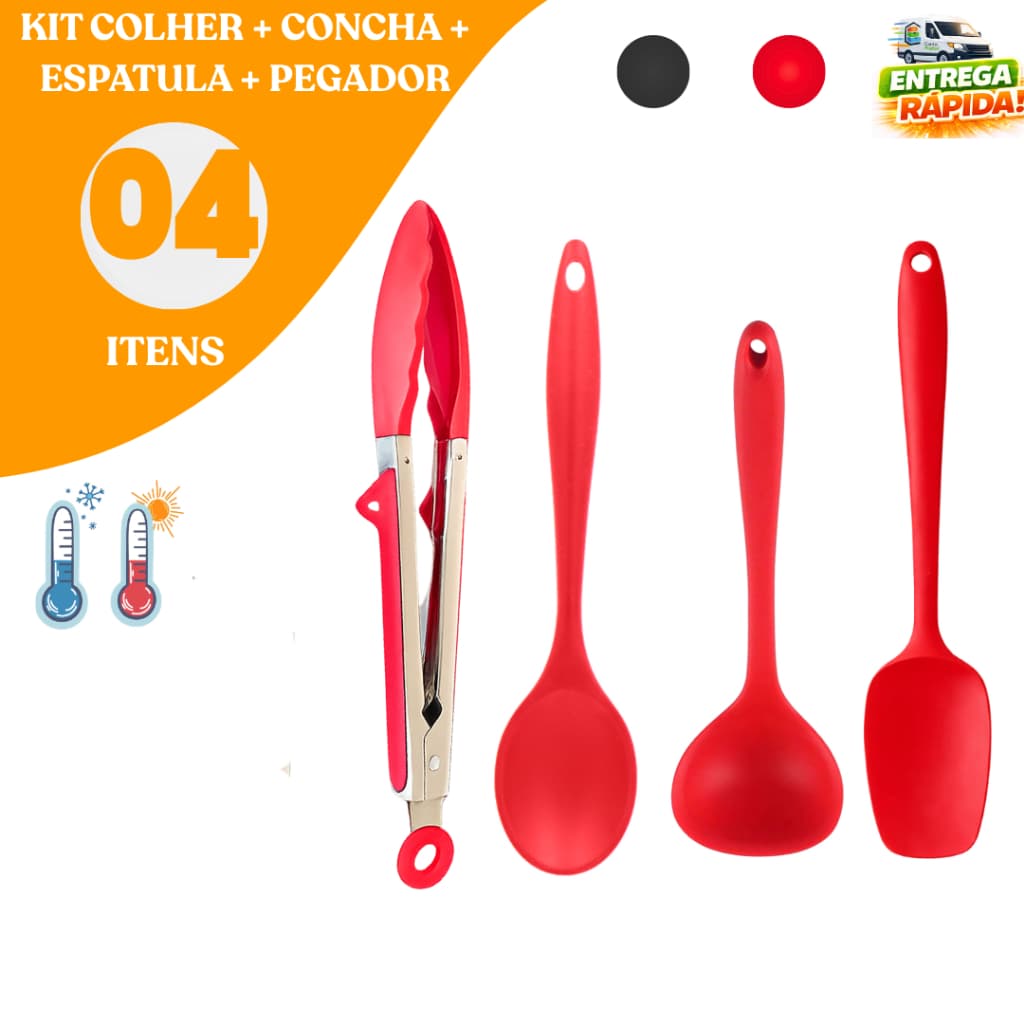 Kit 4 Utensílios de Silicone Premium Para Cozinha Vermelho ou Preto Design Moderno e Resistência