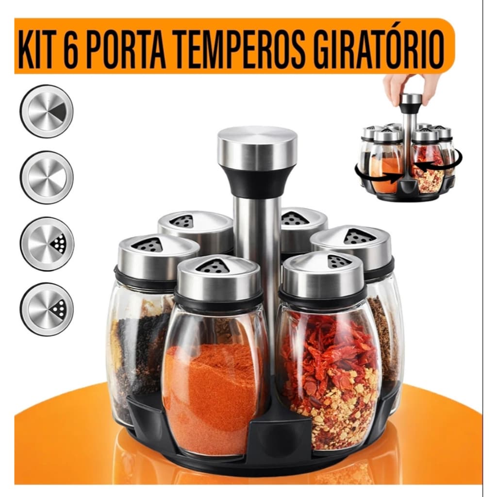 Porta Tempero De Mesa Saleiro Giratório 6 Potes P/ Condimentos Em Vidro E Aço Inox Cozinha Premium