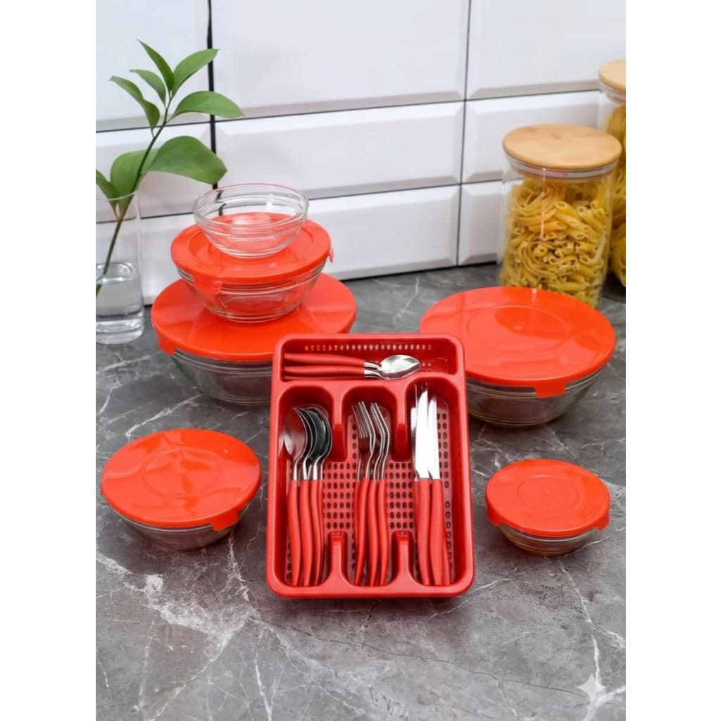 Kit Cozinha Completa – Faqueiro 25 Peças Inox + 5 Potes de Vidro Herméticos com Tampa