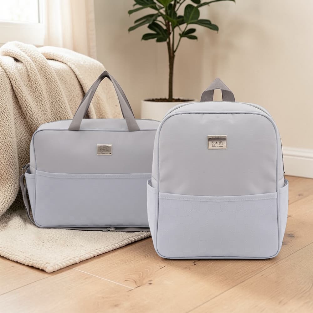Kit 2 Peças de Bolsa Maternidade Clean Cinza Perolado e Azul Mochila + Bolsa G com Trocador Big Bag Baby