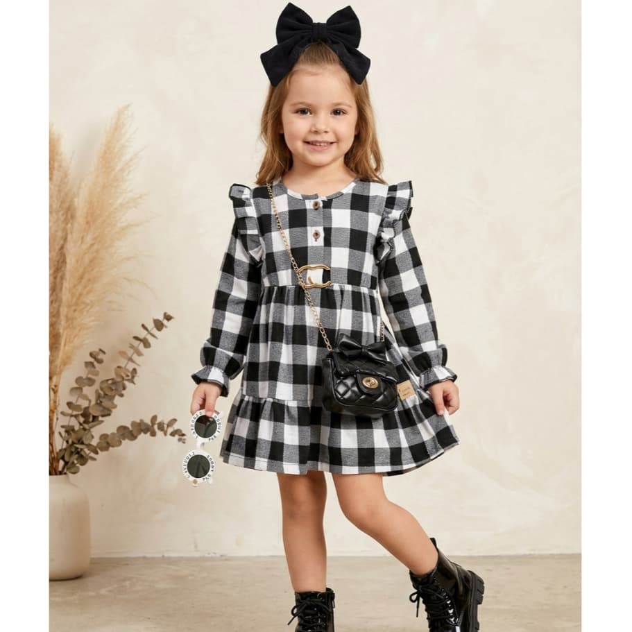 Vestido Xadrez Infantil Manga Cumprida Moderno  Festas Junina