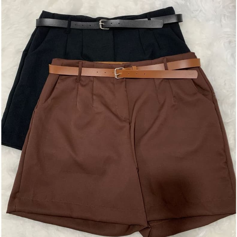 Shorts com cinto fivela rolet prata gratis moda feminina social elegante evento festa com bolso ziper frontal e elastano