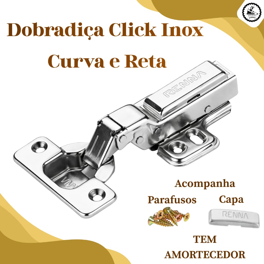 Kit Dobradiça Inox Click 35mm Com Amortecedor Reta Ou Curva 2 4 6 8 10 Unidades Para Porta De Armario