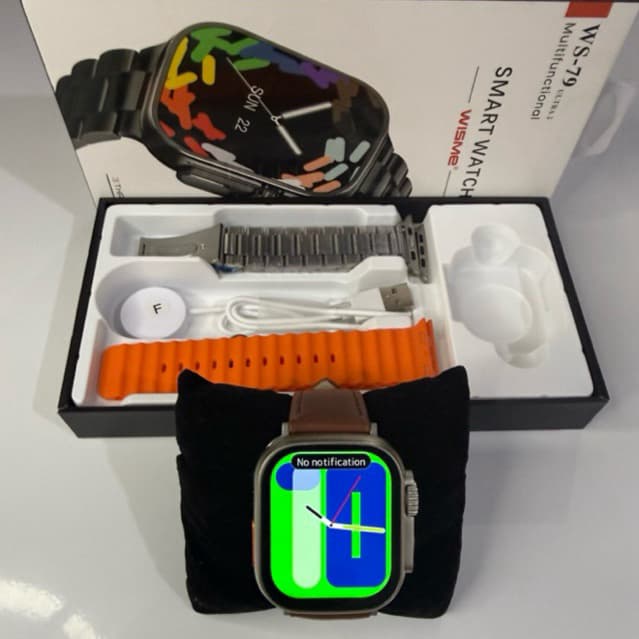 Relógio Smartwatch WS-79 Ultra 2 Kit 3 pulseiras | Pulseira de Couro e Metal e silicone laranja