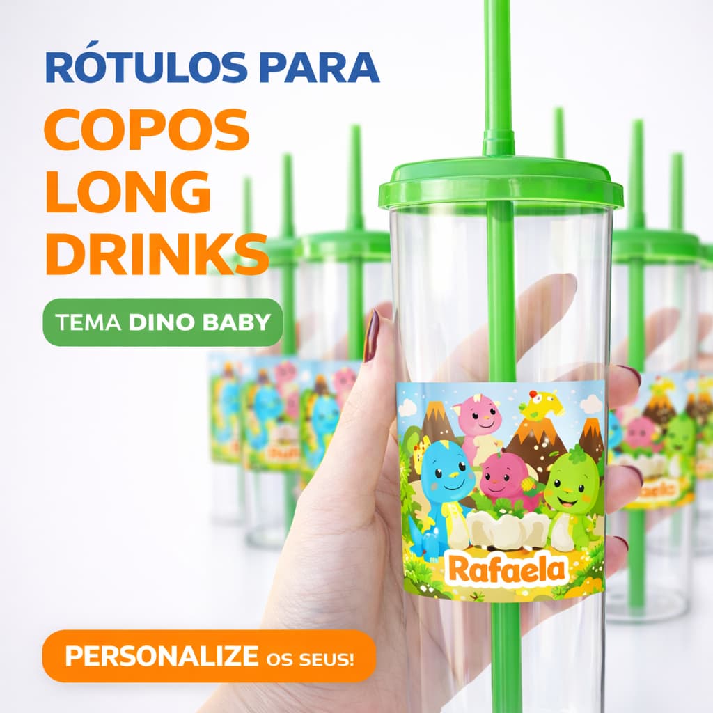 120 Rótulos Adesivo 7X7 Personalizado para Copo Long Drik, Infantil Aniversário, Lembrancinha Tema Dino Baby