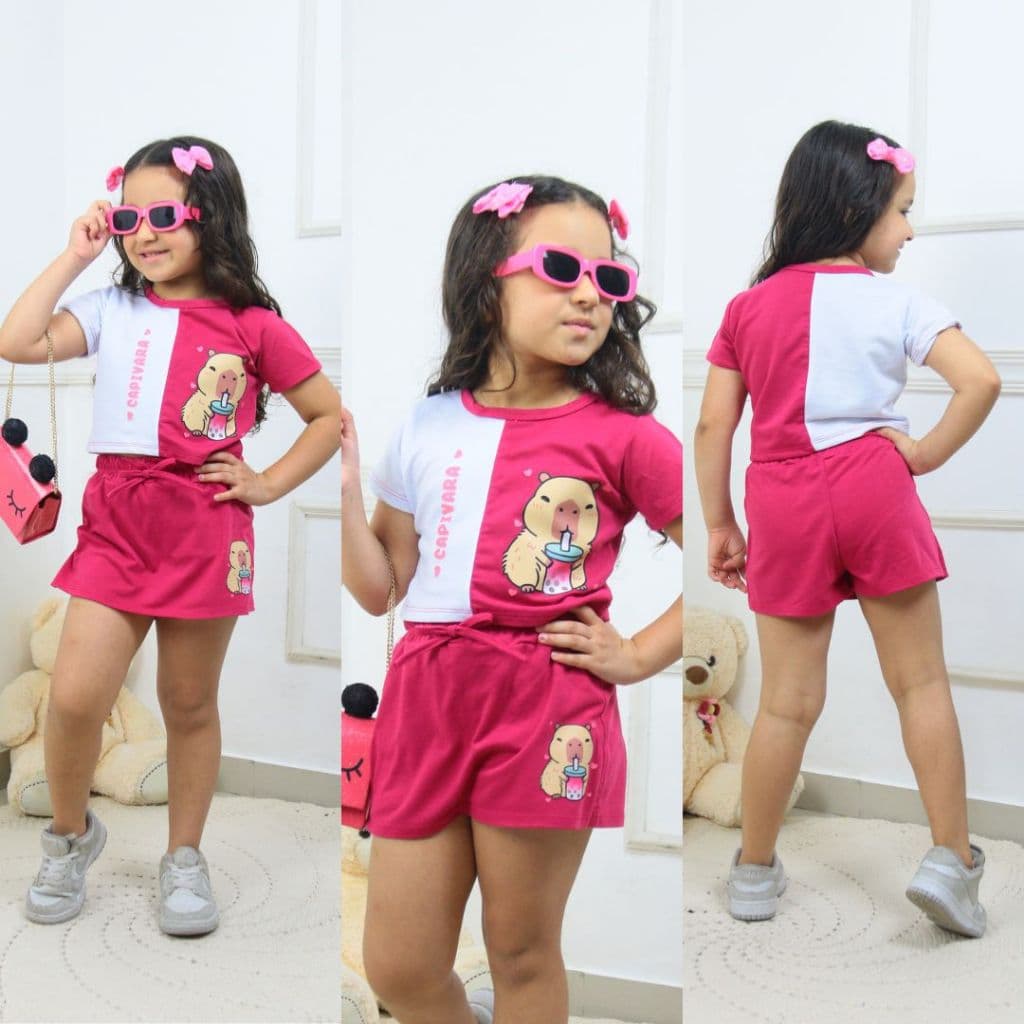 conjunto infantil juvenil feminino short saia estamapa capivara 2 ao 14 menina