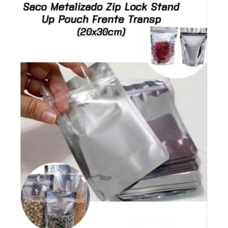 Saco Plastico Stand Up Pouch Zip Metalizado C/Visor 20x30  C/ 10 unidades