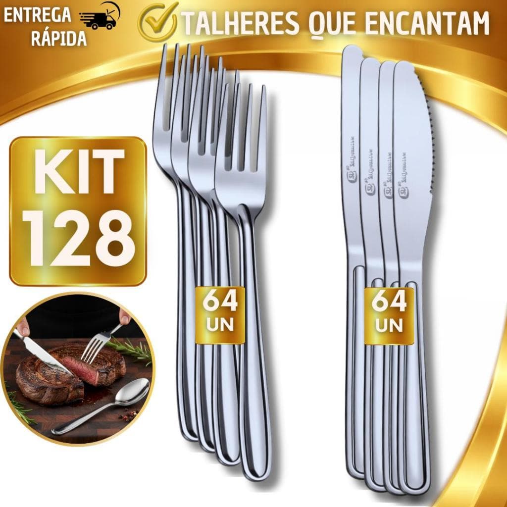 Jogo de Talheres em Aço Inox 32/64/128 peças Facas e Garfos de Mesa Casa Para Restaurante