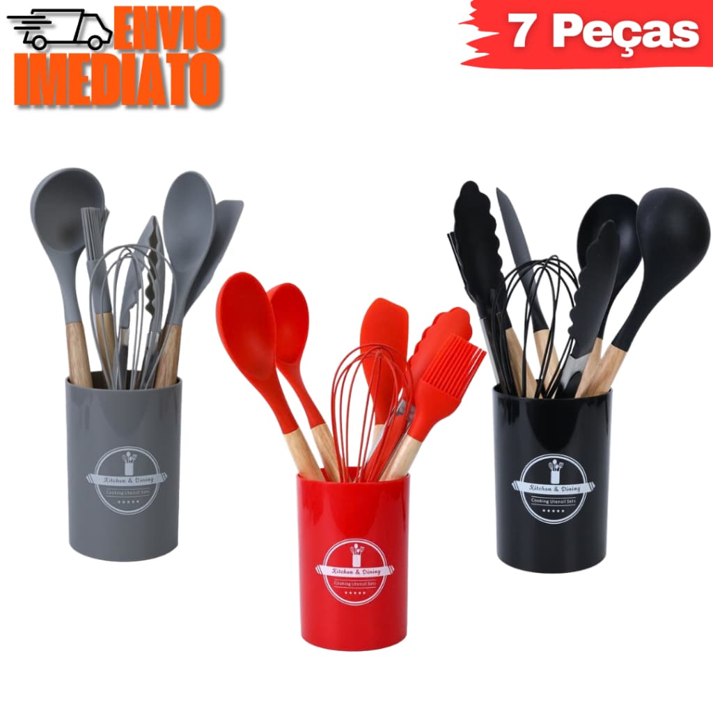 Kit 7 Utensílios Silicone Cabo Madeira Antiaderente Premium Cozinha Gourmet Preto