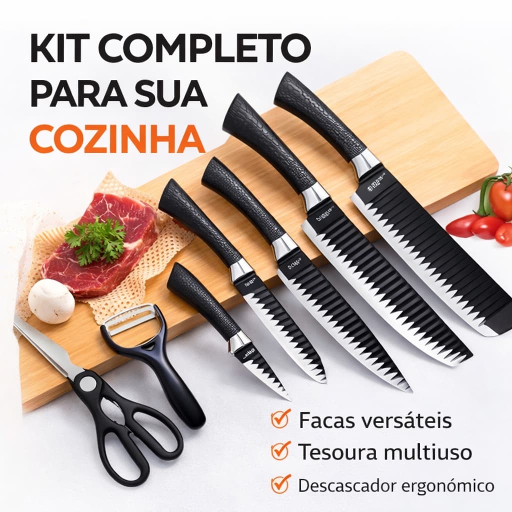 Jogo de Facas Profissional 6 Peças Aço Inox Kit Facas Chef Cozinha Churrasco com Tesoura e Descasca
