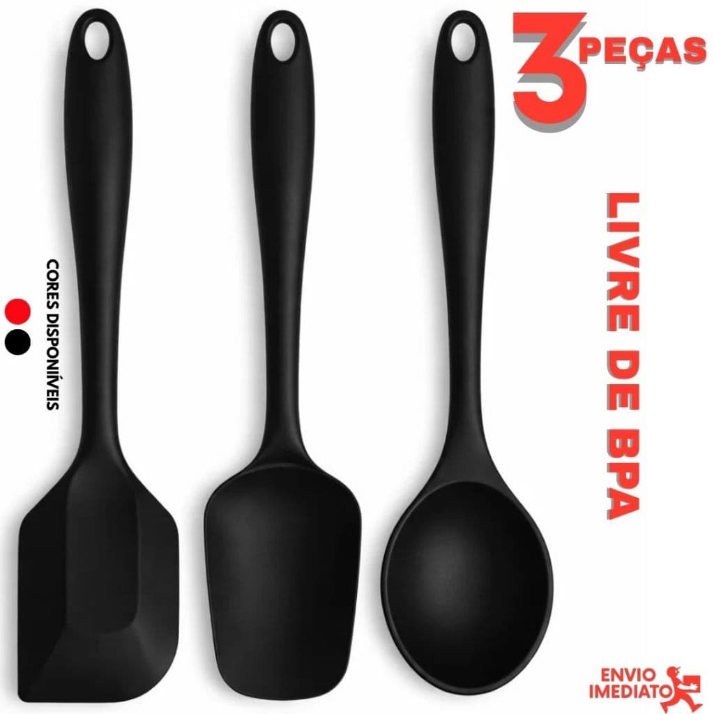 Kit 3 Utensílios de Silicone Espátulas e Colher Antiaderente Cozinha