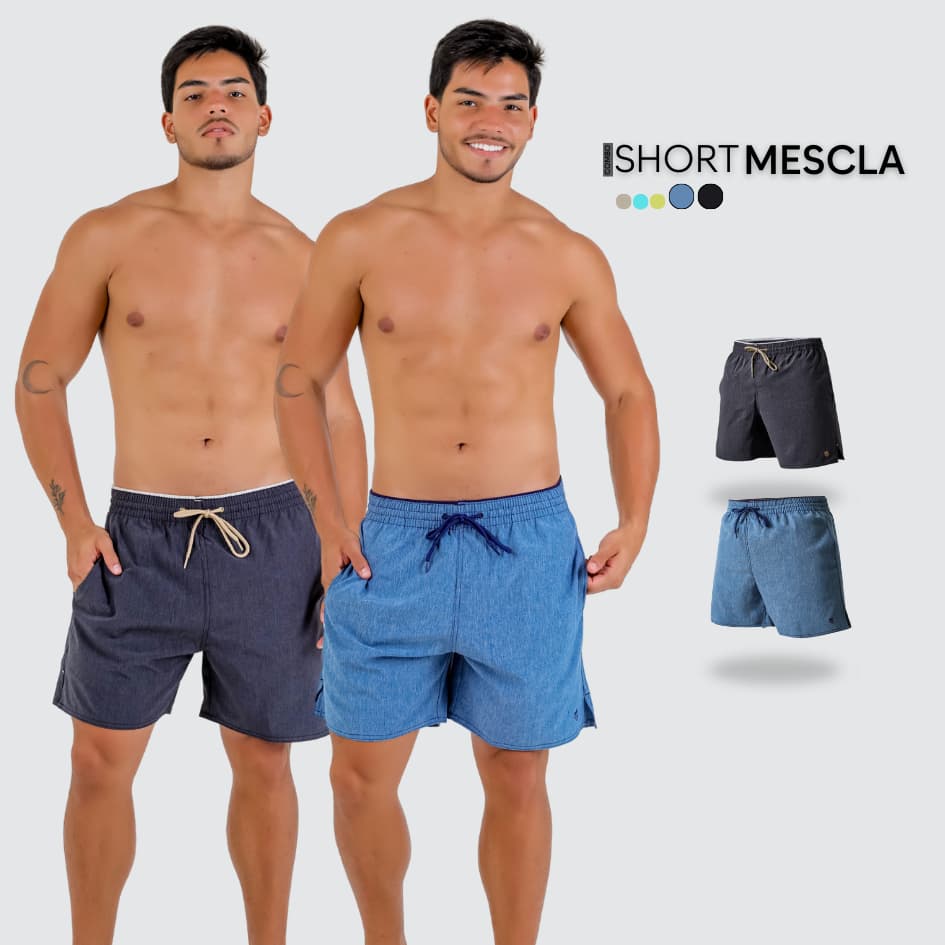 Kit 2 Short Elastano Mescla Fenda Lateral Bolso Liso Texturizado Mauricinho Passeio Verão Praia Copa