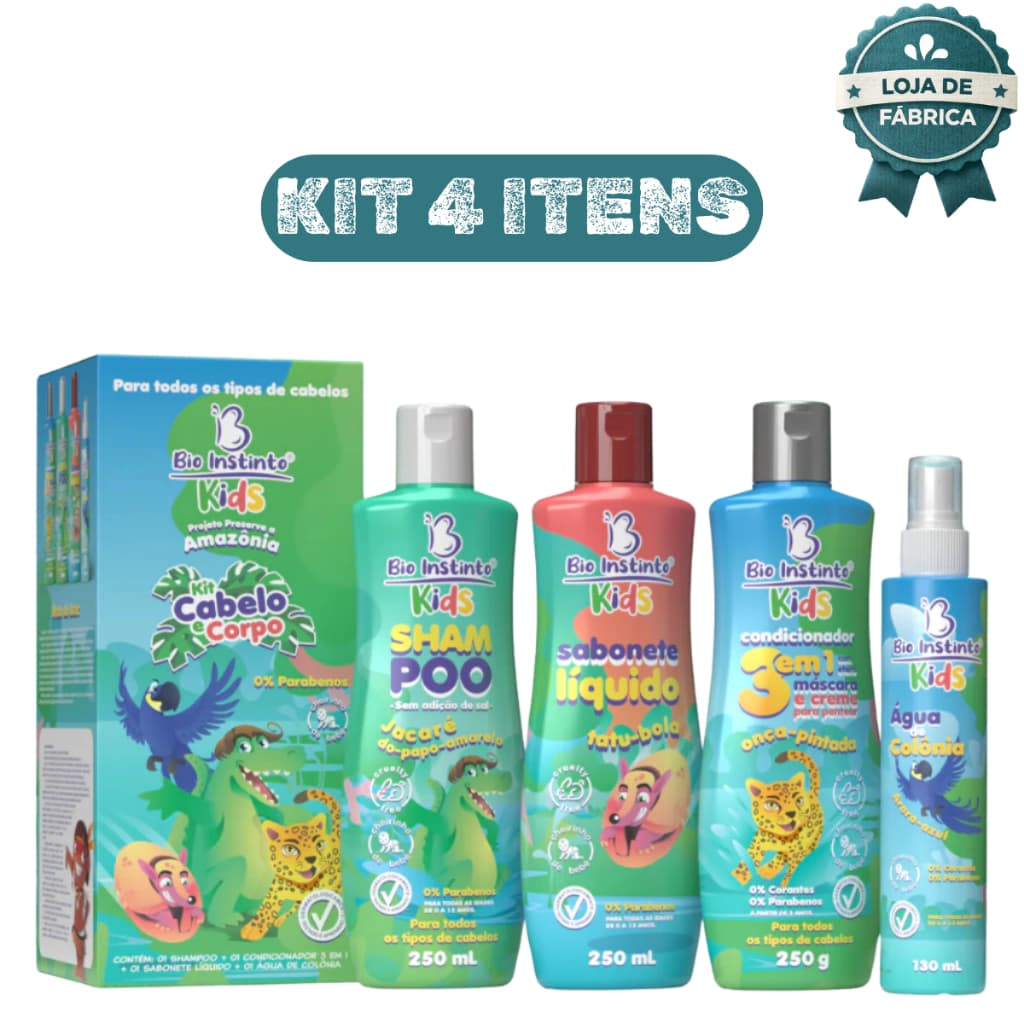 Kit Infantil 4 Itens Cabe莽a e Corpo Bio Instinto Shampoo Condicionador Gel Banho Col么nia Kids
