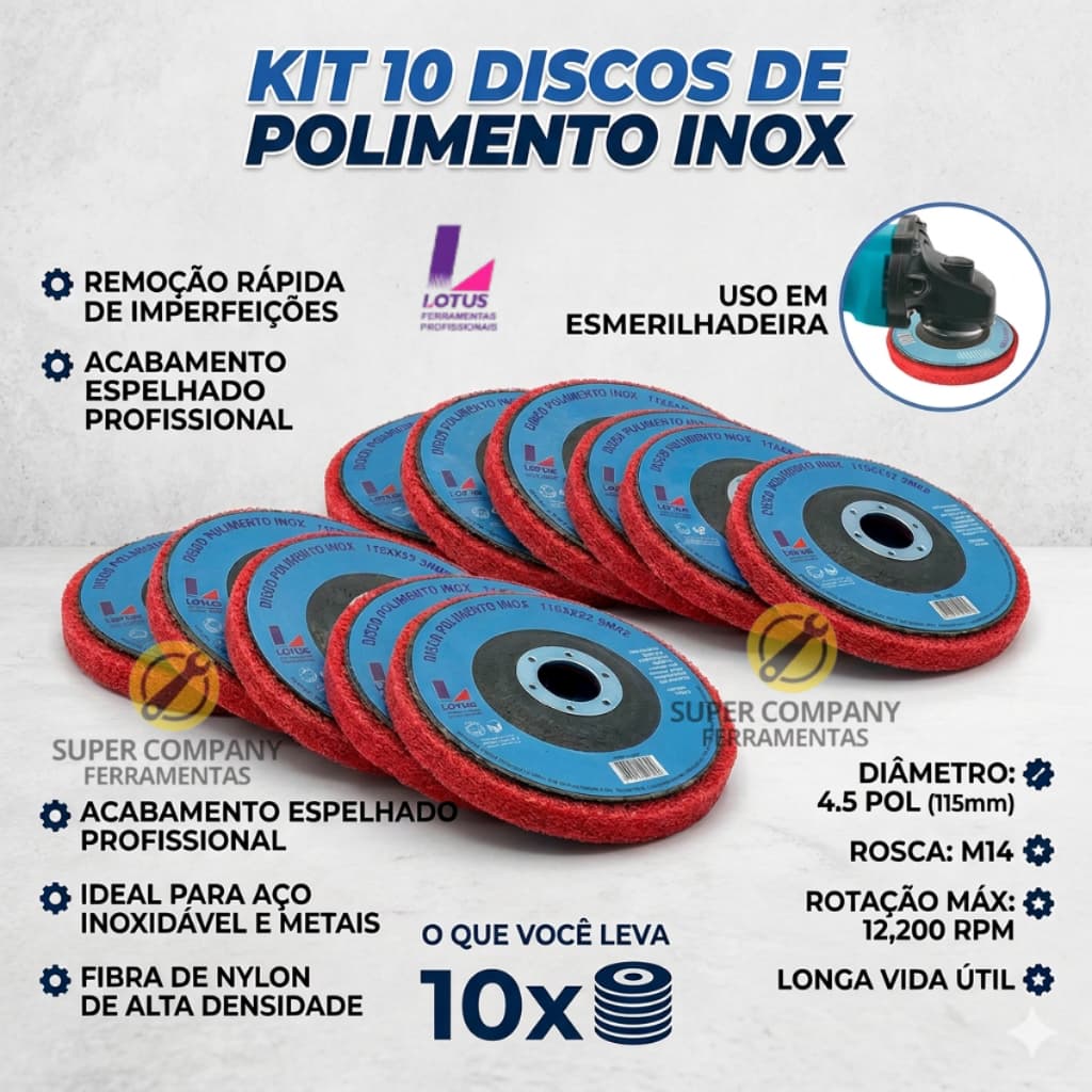 kit 10 disco polimento inox ferro alumínio 115mm furo 22.2mm 4 1/2 Disco polidor Disco para polir