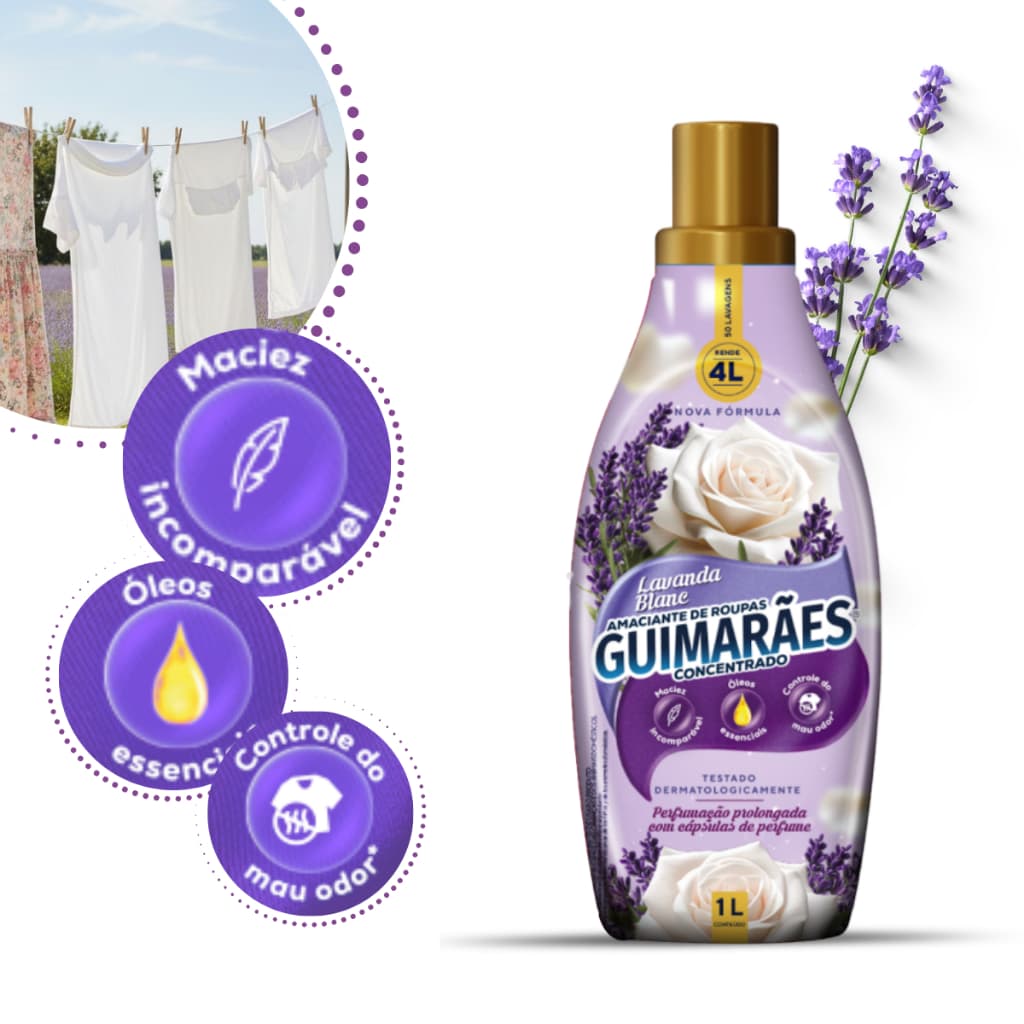 Amaciante Concentrado 1L Guimarães Capsula Perfume Maciez Cheiro Intenso Rende 4L Óleos Essenciais