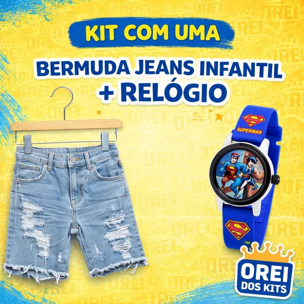 Kit Bermuda Jeans Infantil + Relógio de Personagens