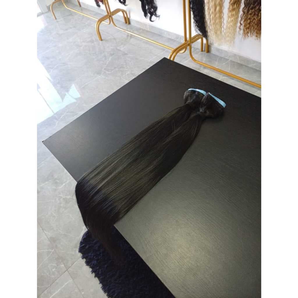 Aplique de Cabelo Europeu Semi Humano Natural Liso Preto na Fita Adesiva 60cm