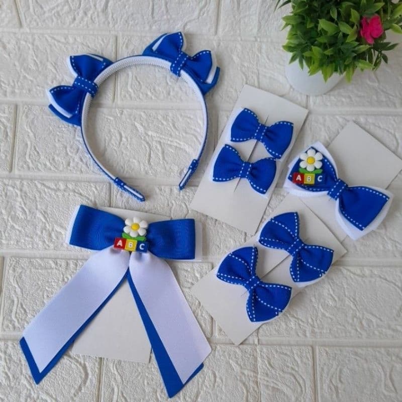 Kit Escolar Infantil Azul  Laços para Escola Delicados e Confortáveis Acessórios Infantis Laço Infantil Laço Escolar