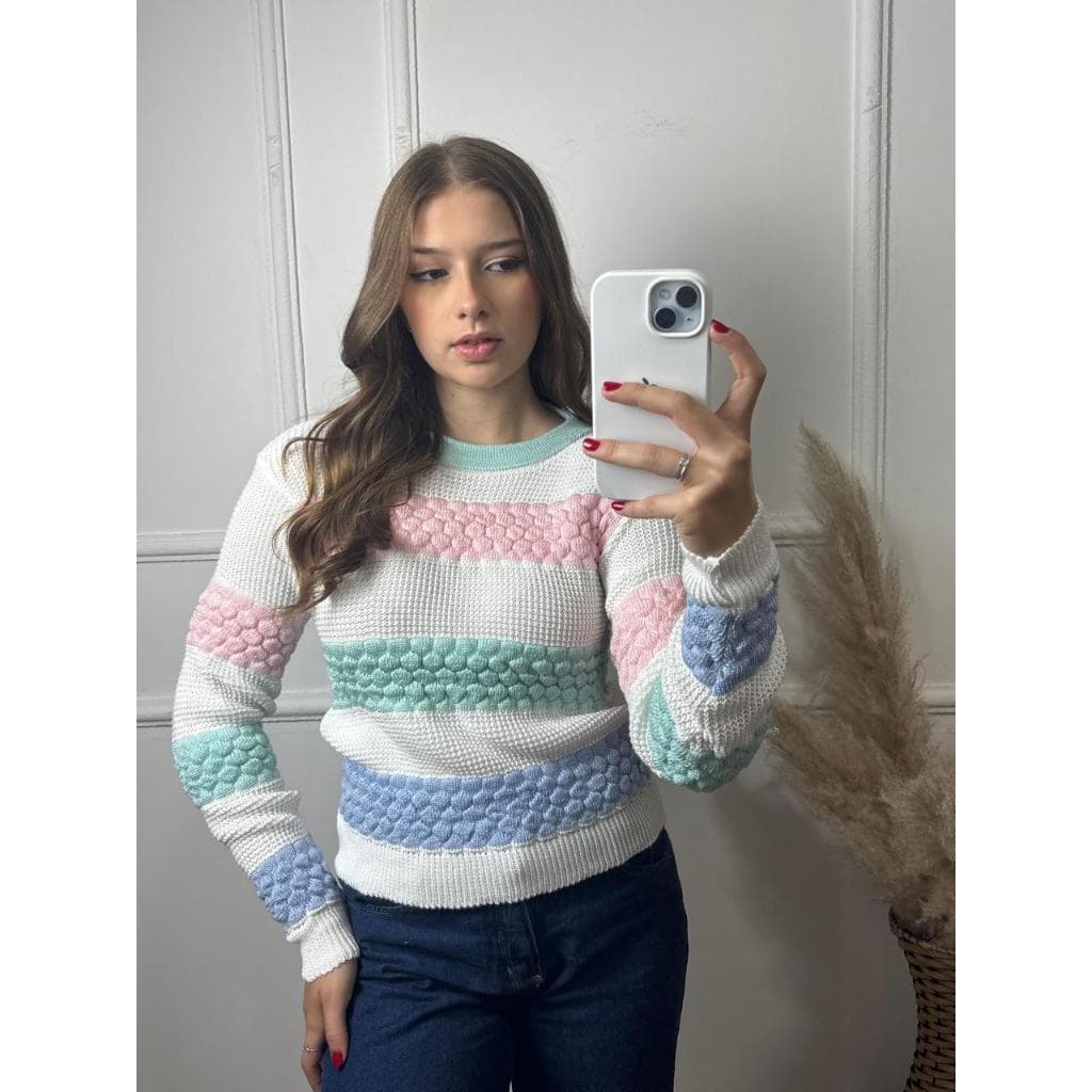 Blusa De Frio Moletom Listrada Feminina Tricô Lã Lãzinha Fang Manga Longa Oversize Inverno Frio Store Tricots Inverno