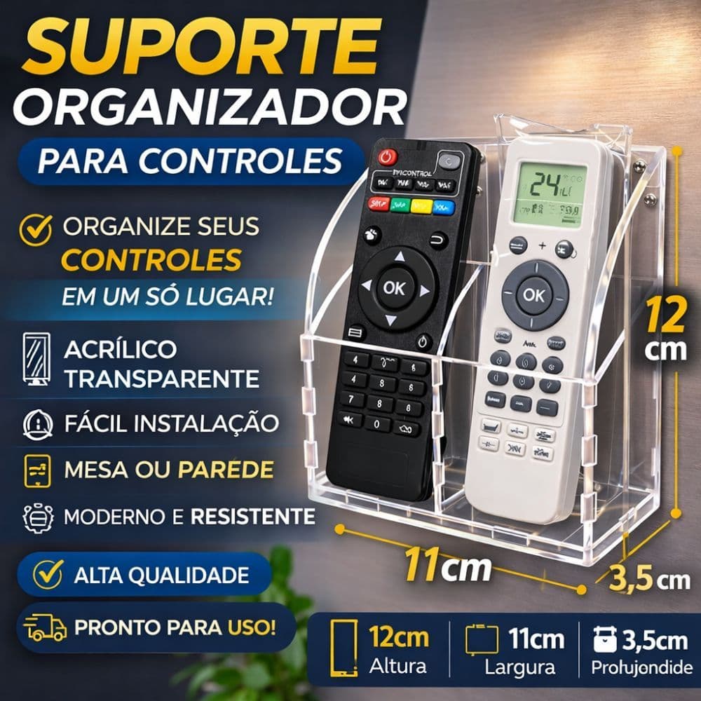 Porta Controle Remoto Acrílico Transparente Organizador Parede ou Mesa TV e Ar