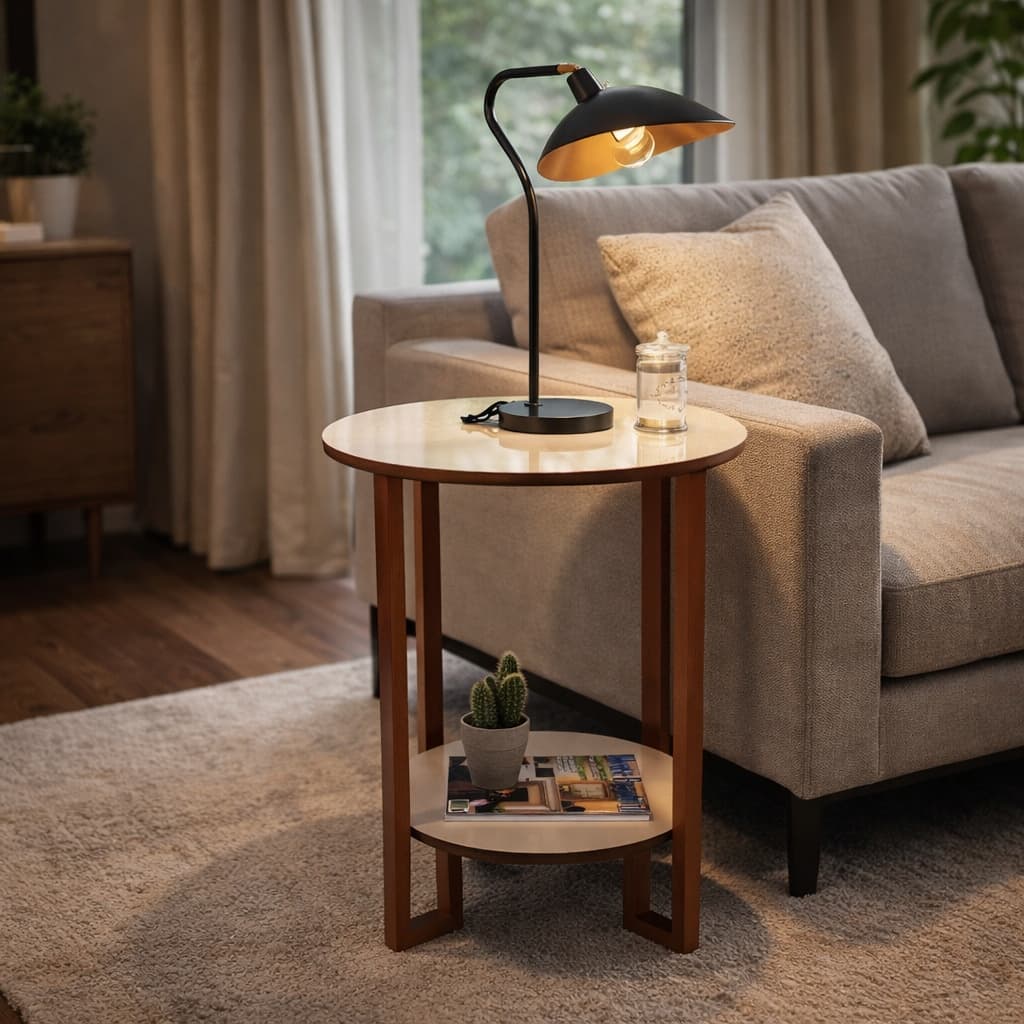 Mesa Apoio Redonda 2 Tampos MDF com Pés de Metal Rose Gold – Mesa de Apoio Moderna Sala/Quarto
