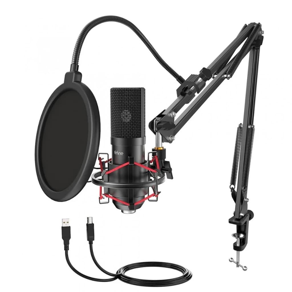 Kit de Microfone Condensador Fifine T732 USB com Braço Articulado, Pop Filter e Shock Mount – Preto