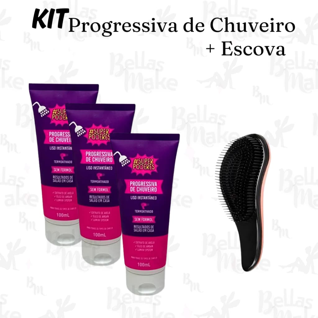 Kit Progressiva De Chuveiro Super Poderes Cabelo Liso Brilho Sem Formol + Escova Mágica De Brinde