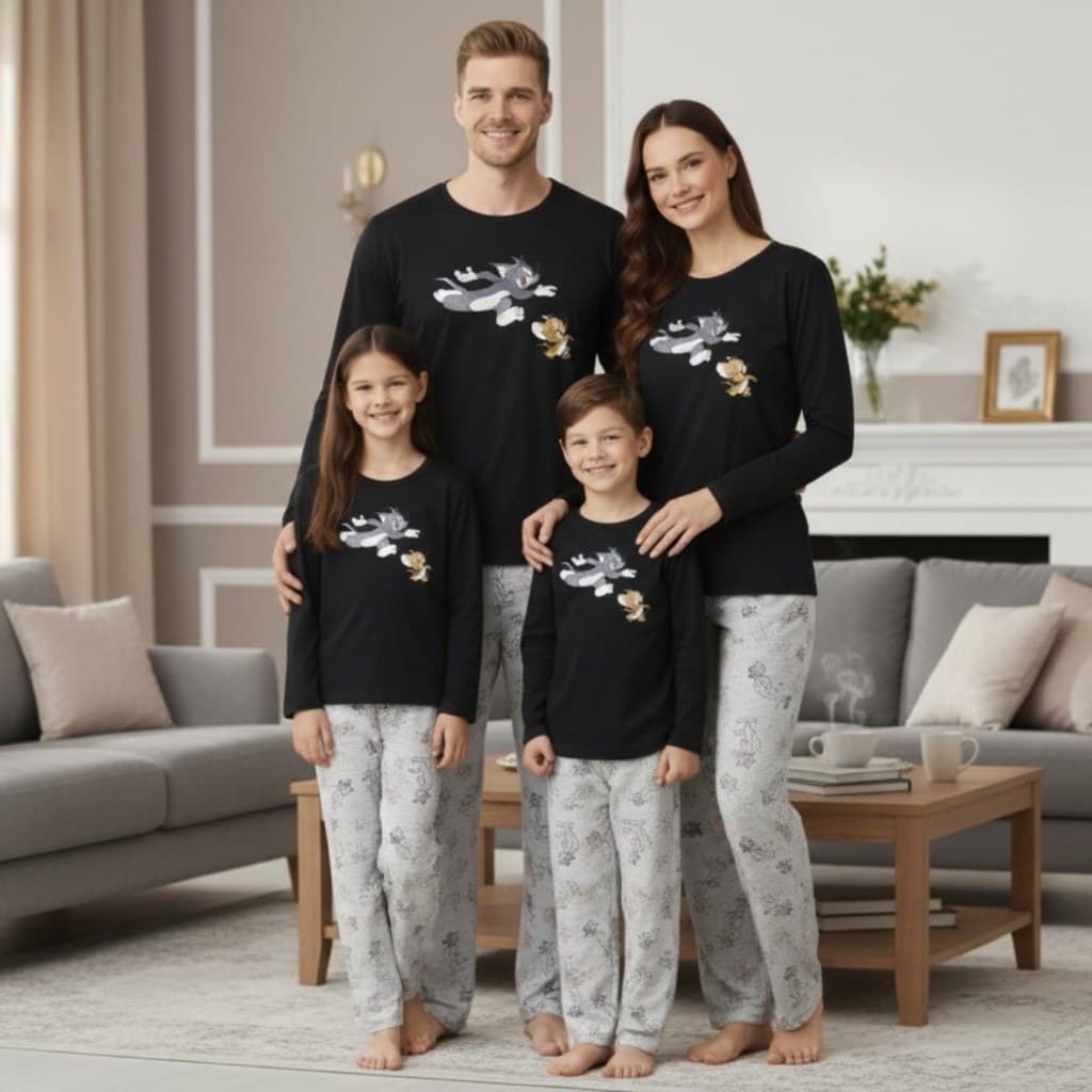 Kit Pijama Tom e Jerry de Frio Estampado Divertido Fofo Família Combinando Conforto Premium Promoção
