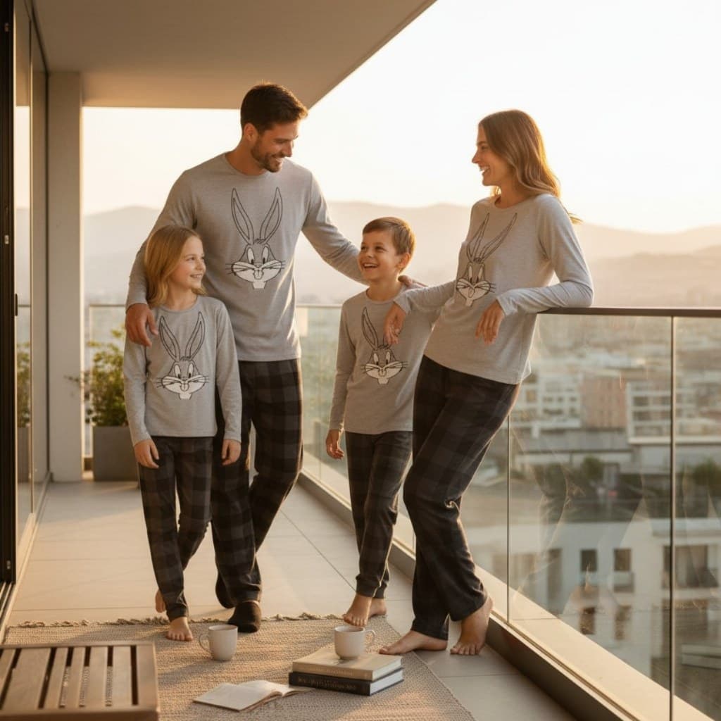 Kit Família Pijama Longo Pernalonga Inverno Malha PV Adulto e Infantil Conjunto Família P M G GG