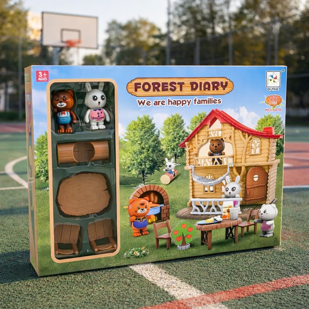 Brinquedo Infantil Casinha Animais da Floresta 22 Peças com Acessórios | Casa, Ursinho e Coelho | Brinquedo Educativo