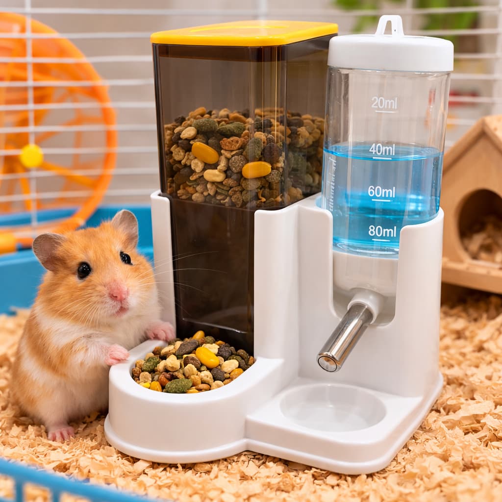 Comedouro e Bebedouro Duplo para Hamster – Alimentador Automático com Garrafa 80ml