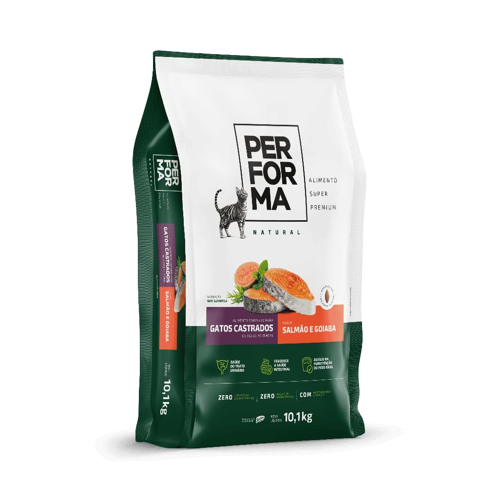 Ração Performa Natural Gatos Castrados 10,1kg Super Premium Salmão e Goiaba Controle de Peso