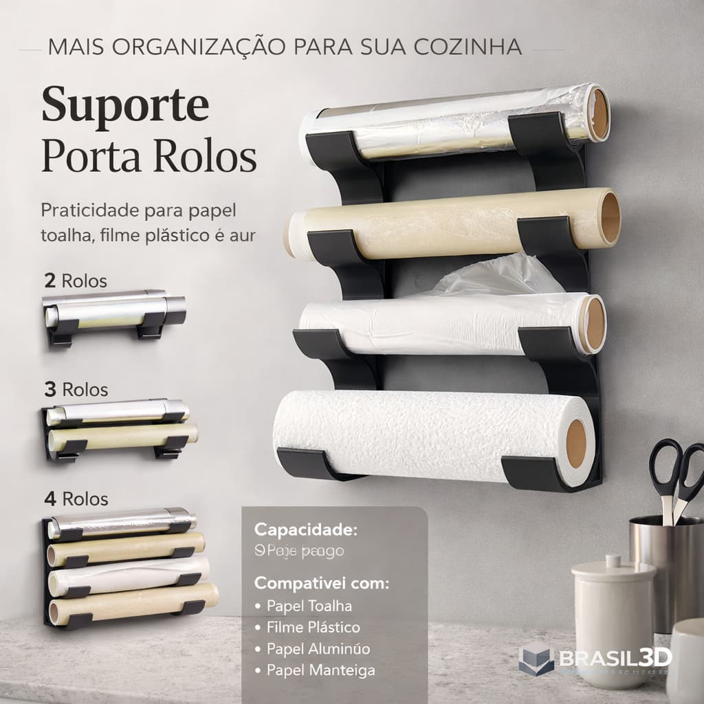 Suporte Porta Rolos Papel Alumínio Filme Plástico Organizador Papel Manteiga Sem Bagunça