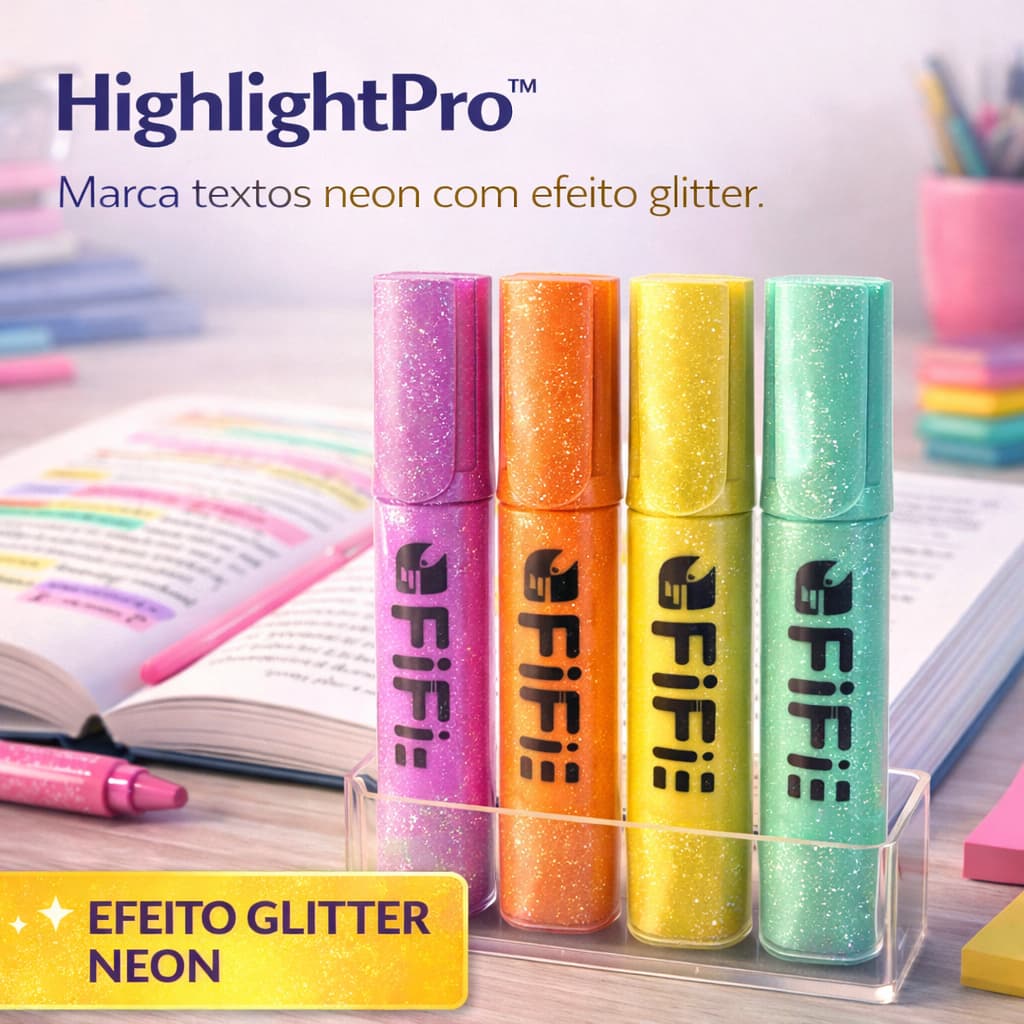 Marca Texto Neon Glitter 4 Cores First HighlightPro Destacar Texto Estudo Escolar