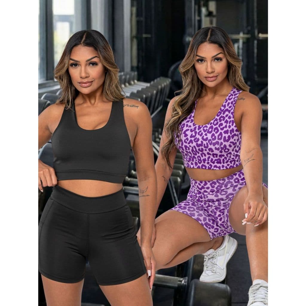 Kit 2 Conjuntos Virginia Fitness Top + Short Feminino Academia Cintura Alta Musculação Treino Crossfit Confortável