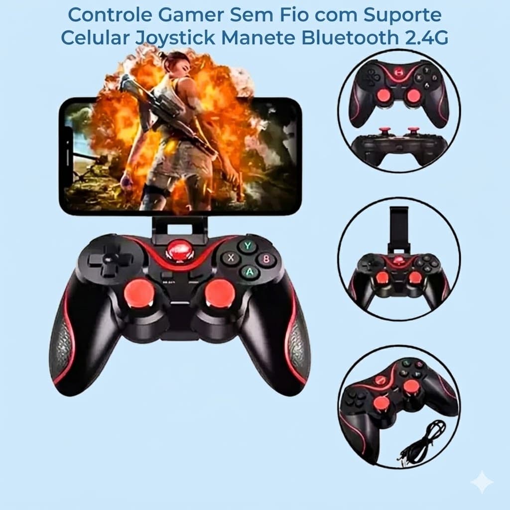 Controle Gamer Sem Fio com Suporte Celular Joystick Manete Bluetooth 2.4G Ovleng SN-X3