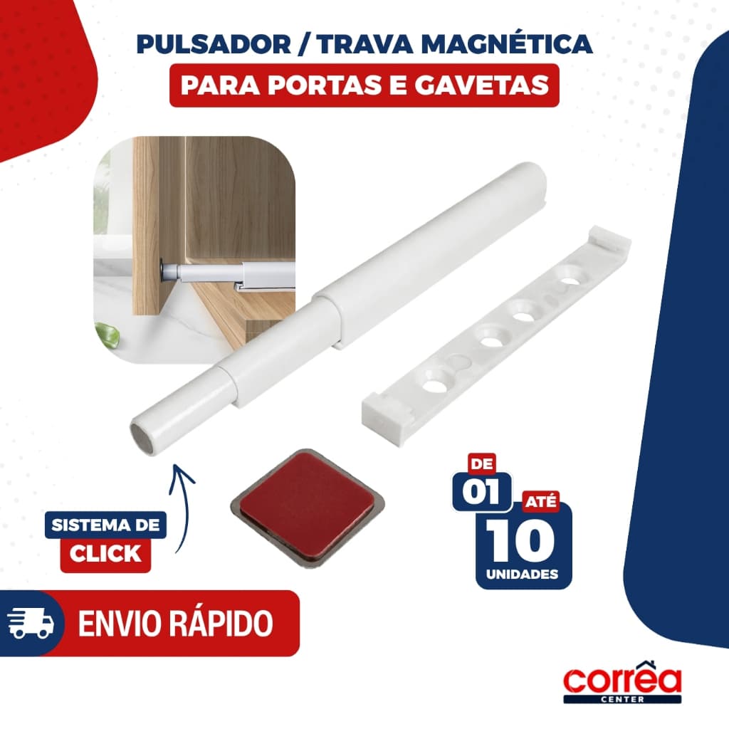 Fecho Pulsador Magnético para Porta e Gaveta – Sistema Click – Trava Push Open – de 1 a 10 Unidades