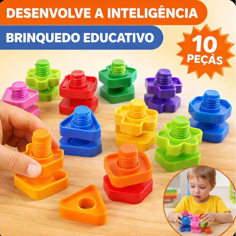Brinquedo Educativo Montessori de Encaixe e Rosca Colorido Coordenação Motora e Aprendizado Infantil 10 Peças