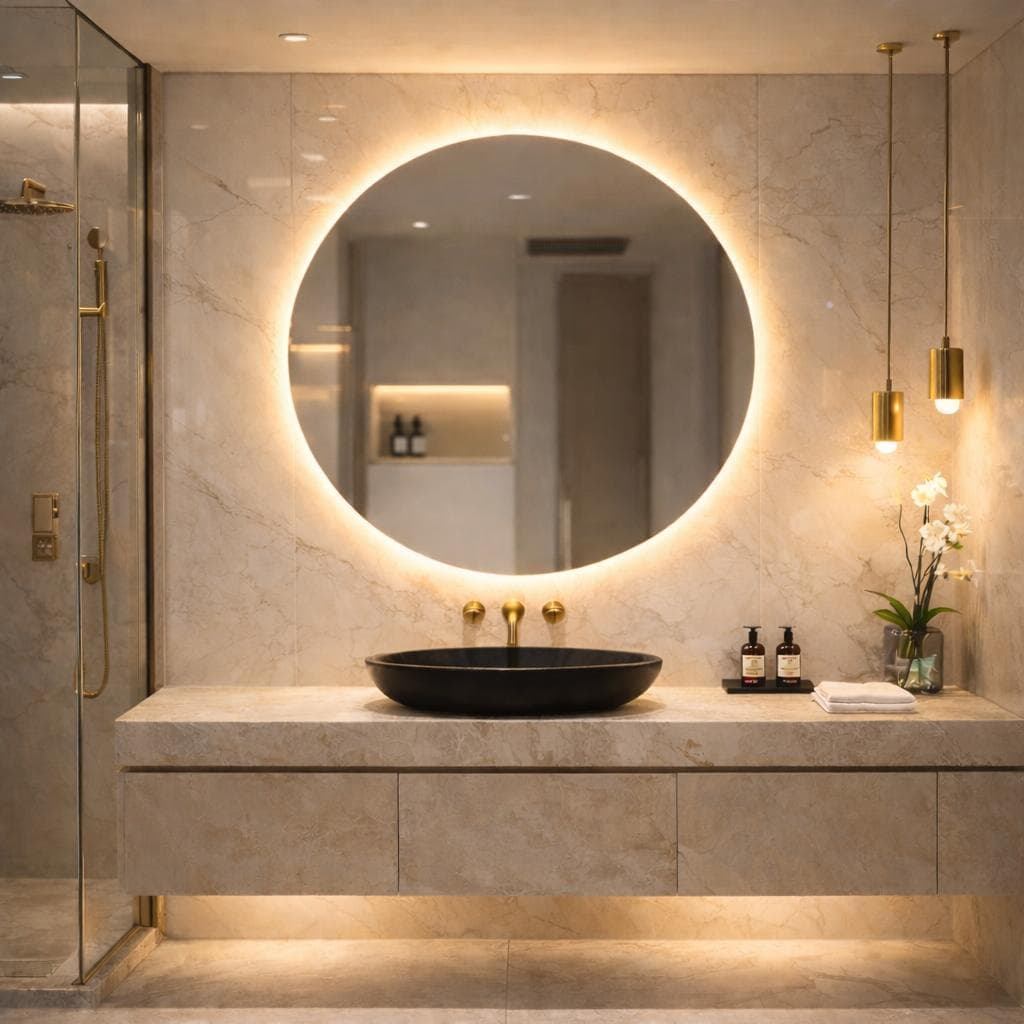 Espelho Redondo 60x60cm Com Led Fonte 12V Lapidado Para Salão, Barbearia, Penteadeira, Banheiro, Lavabo, Escritório