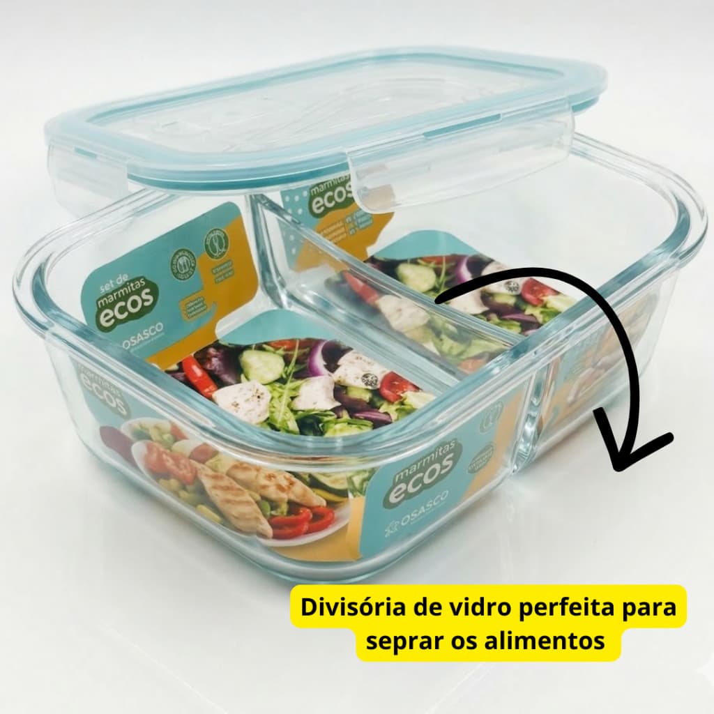 Kit 2 Potes Vidro Hermética 640ml Marmitas Divisória Airfryer