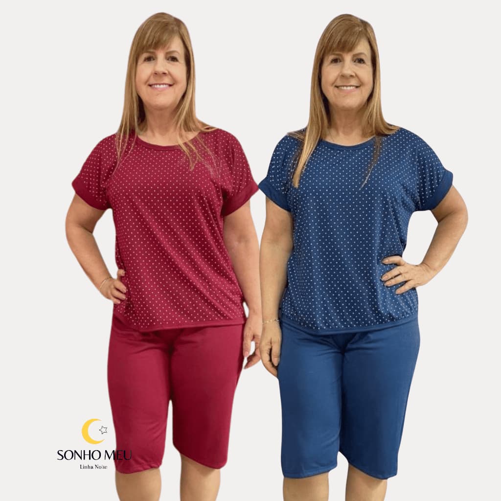 Kit 2 Pijama Pescador Conjunto Feminino Manga Curta Malha até o Joelho Senhora Capri Senhora Noite