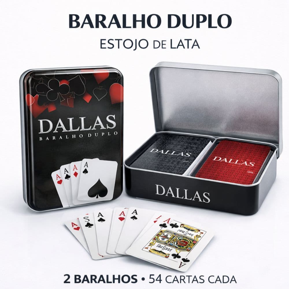 Baralho Duplo Dallas Premium 108 Cartas 100% Plastificado Estojo Metálico de Lata Resistente Poker Truco