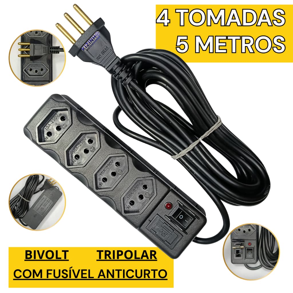 Filtro de Linha 5 Metros 4 Tomadas Na Cor Preta com Fusível de Proteção, Bivolt