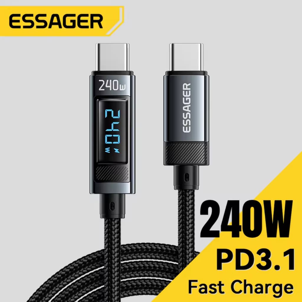 Cabo USB-C Dados Carregamento Ultra Rápido até 240W 2 Metros com Visor LED para Macbook iPad Notebook Tablet Smartphone