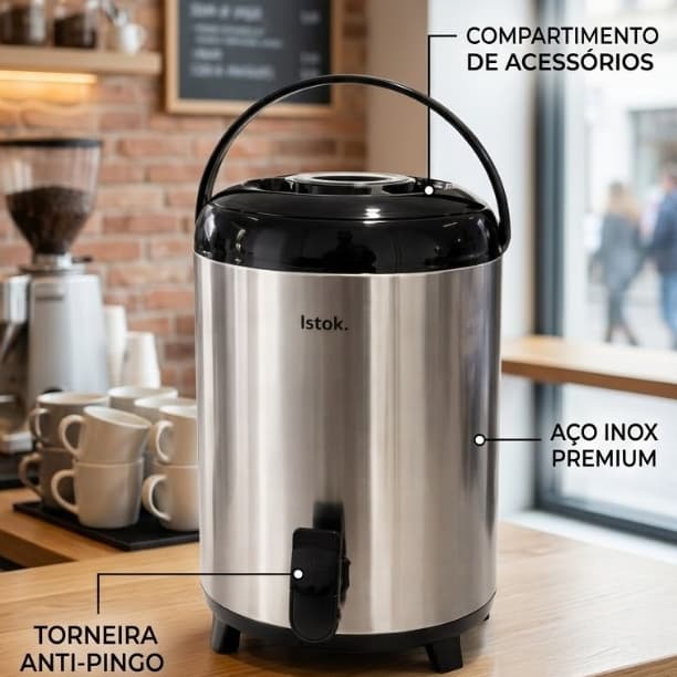 Botijão Térmico Inox 9,5L Gigante Com Torneira Café Chá Suco Festa Evento Escritório Pés Retráteis